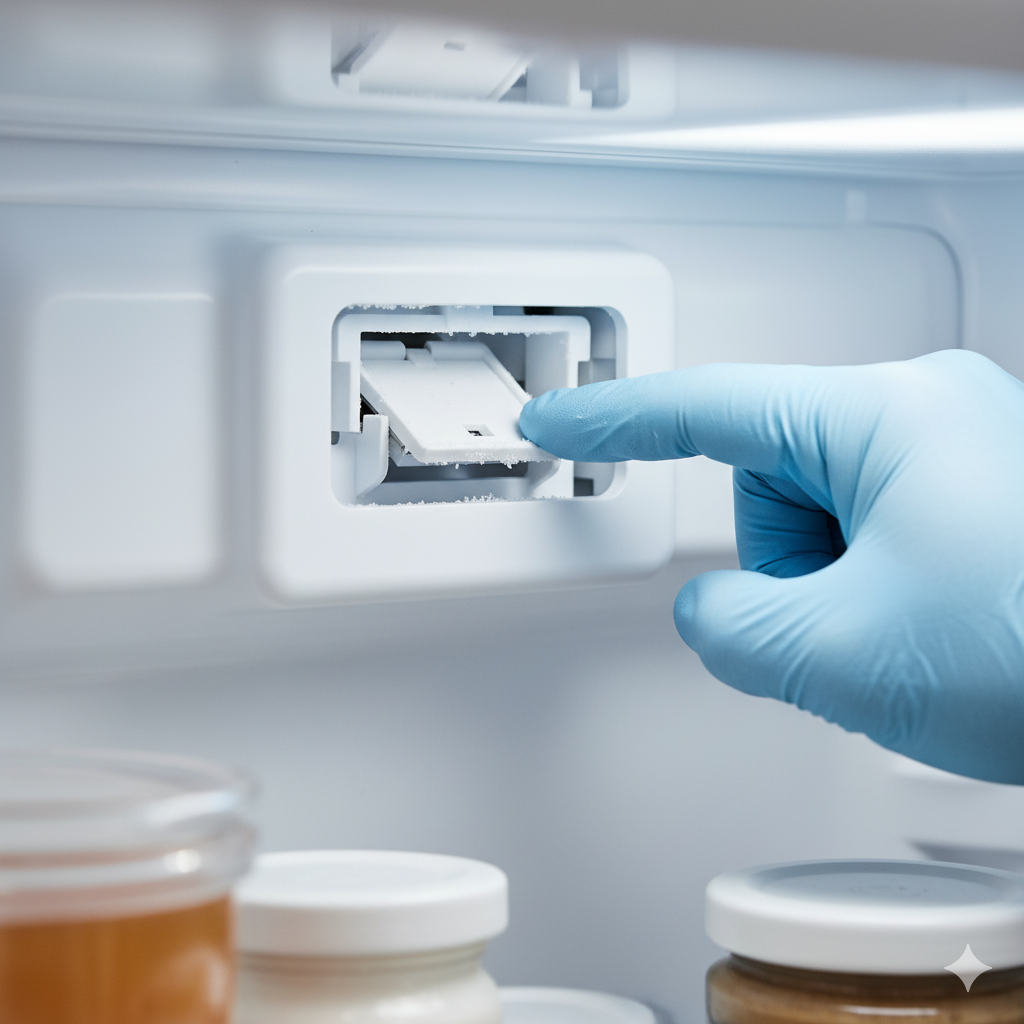 Inspecting the Refrigerator Air Damper Control Gloved hand inspecting the open air damper control flap inside the refrigerator compartment to check for ice buildup or mechanical obstruction.