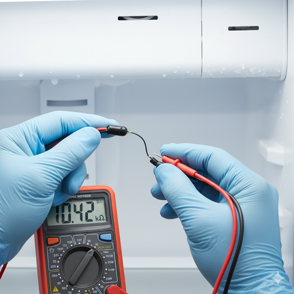 Testing Refrigerator Thermistor with a Multimeter Technician using a multimeter to test the electrical resistance of a refrigerator's thermistor (temperature sensor) probe.