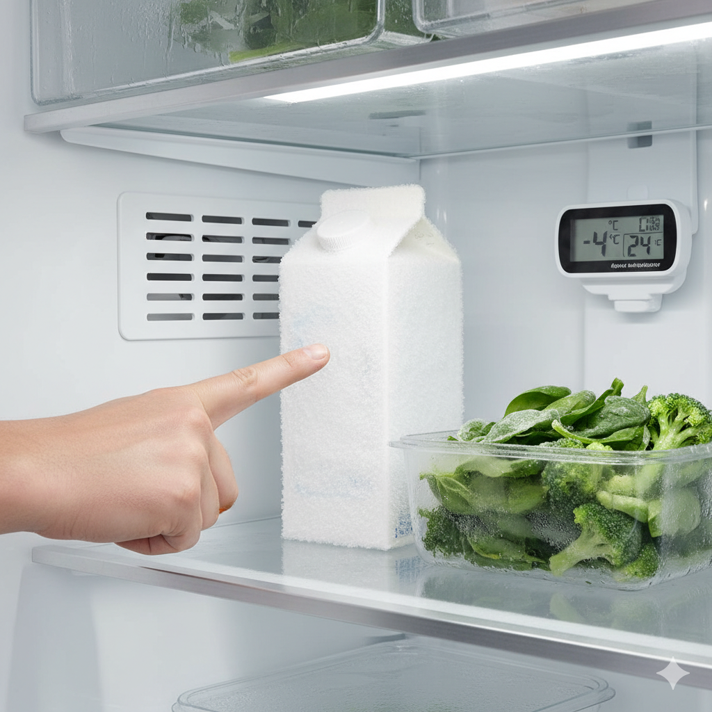 Improper Food Placement Causing Freezing in Refrigerator Hand pointing to frozen milk carton inside a refrigerator, illustrating how improper food placement near vents can cause items to freeze.