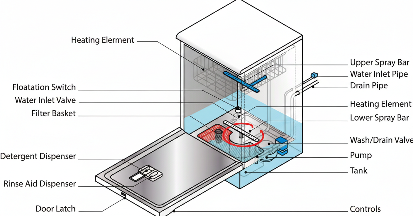 A color-coded isometric diagram of a dishwasher with its door open, labeling internal parts including the heating element, spray bars, pump, and dispensers.